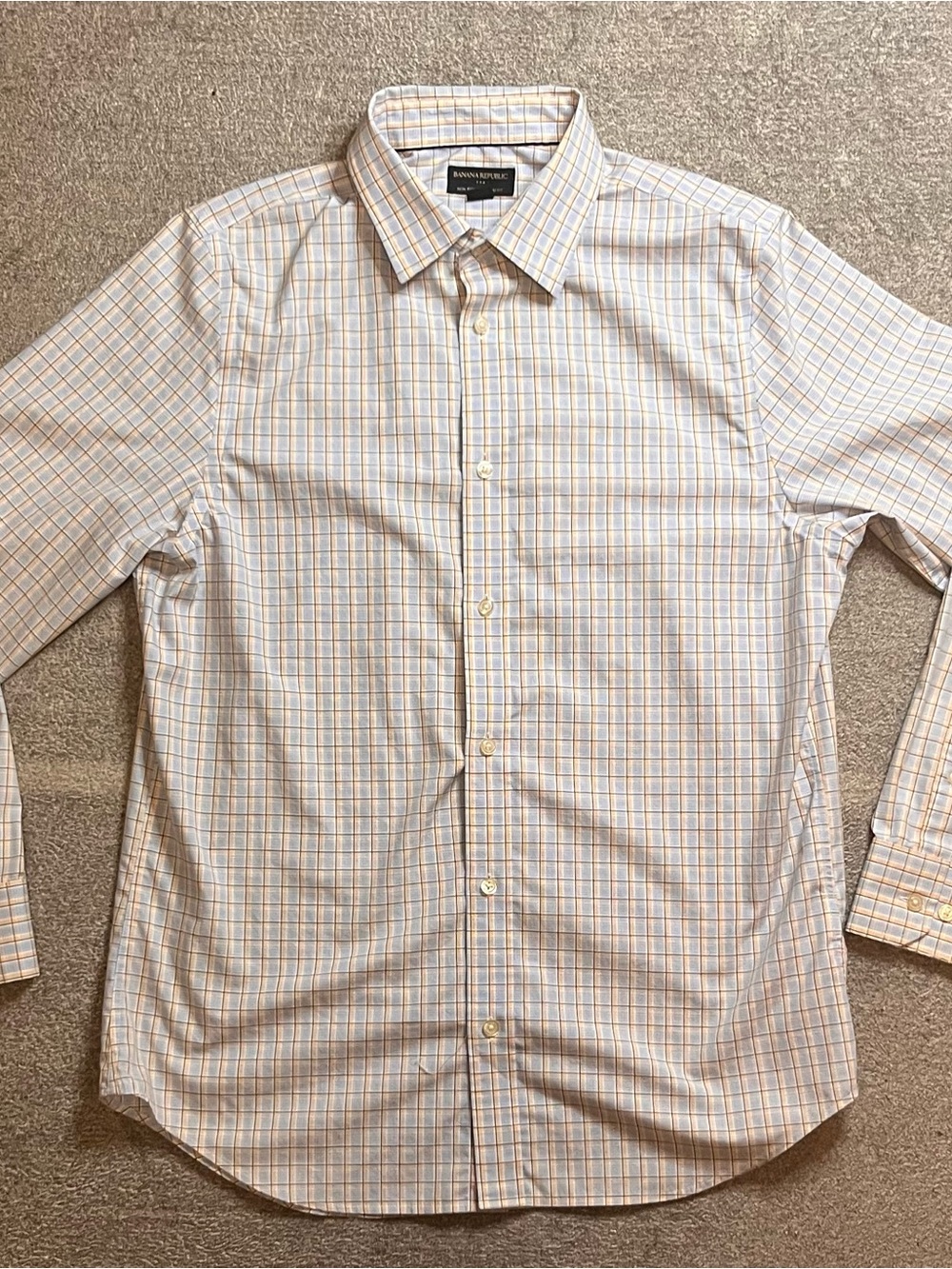 Banana Republic Light Gold & Light Blue Checked Dress‎ Shirt Preppy Casual A1-14
